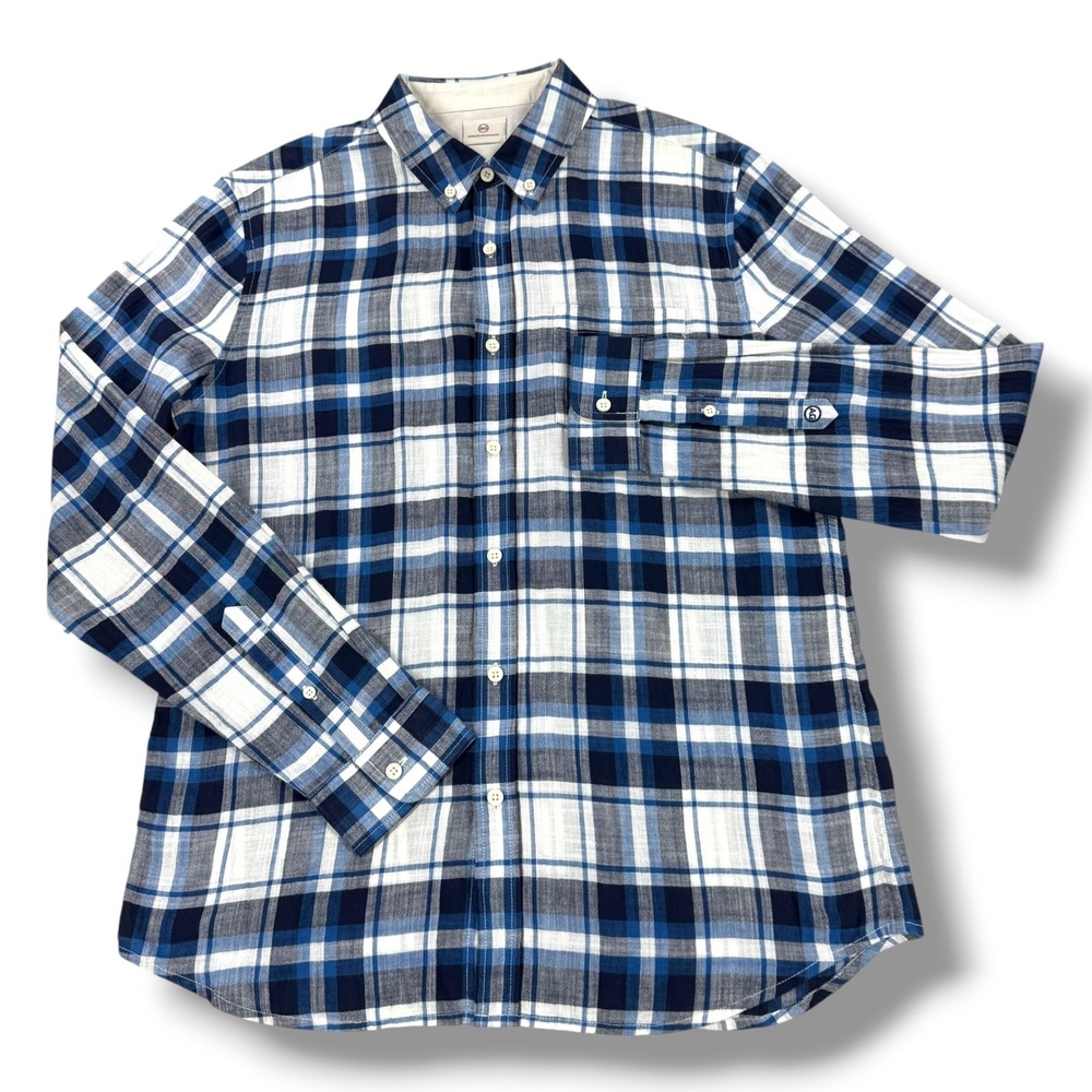 AG Adriano‎ Goldschmied Shirt Mens Medium M Blue Plaid Linen Blend Button Down